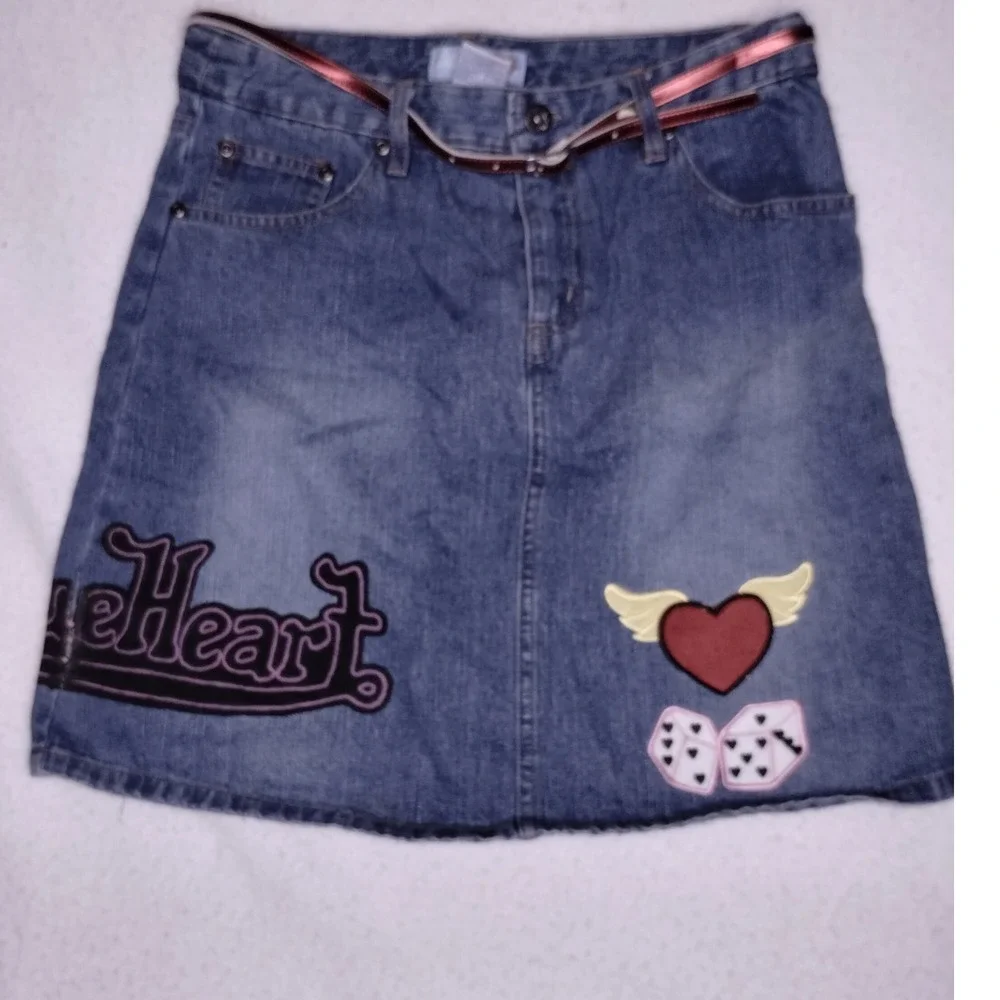 Blue Heart Jeans Denim Mini Skirt Y2K Heart Dice Painted Patches Womens  Size 16